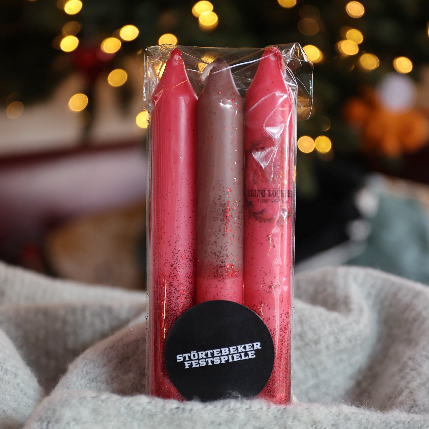 Weihnachtliche Kerzen „Glitzer-Klingel-Inge“ im 3er Set – Rot | Braun