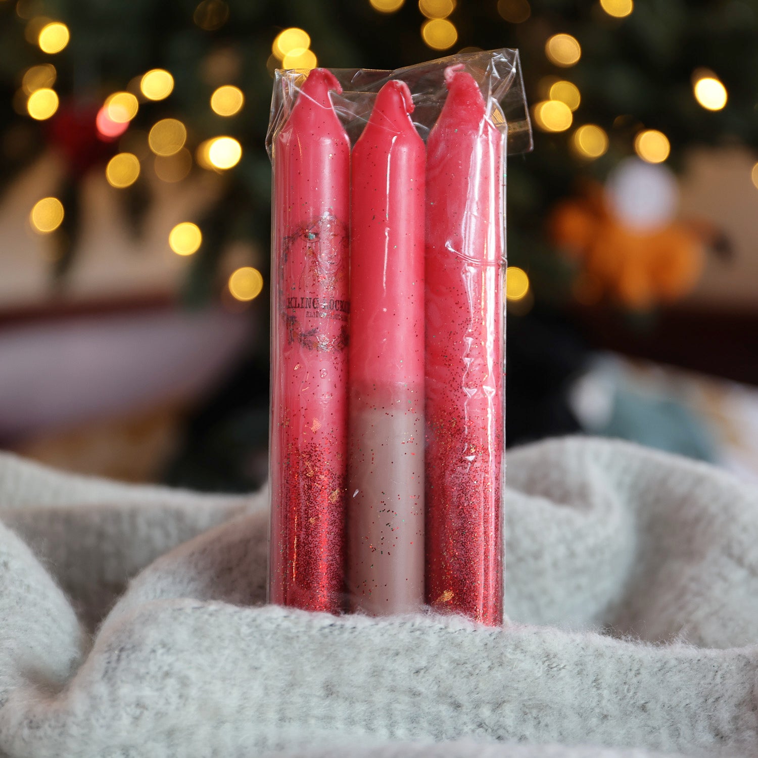 Weihnachtliche Kerzen „Glitzer-Klingel-Inge“ im 3er Set – Rot | Braun