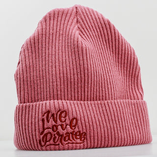 Störtebeker Strick-Mütze – „We love pirates“ | Dunkelrot auf Rose
