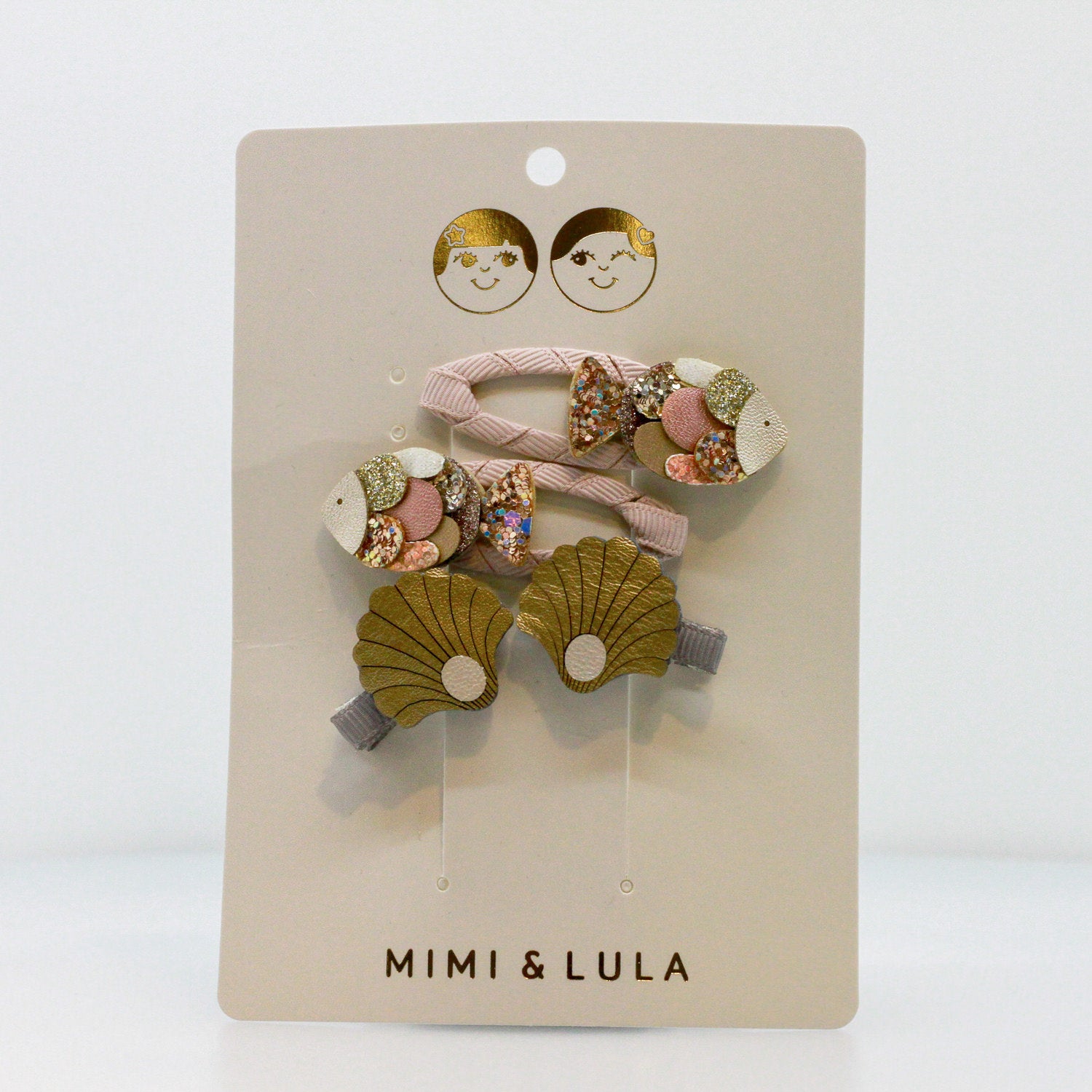 Haarspangen 4er Set Glitzerfische Rosa & Perlenmuschel Gold Matt – von Mimi & Lula