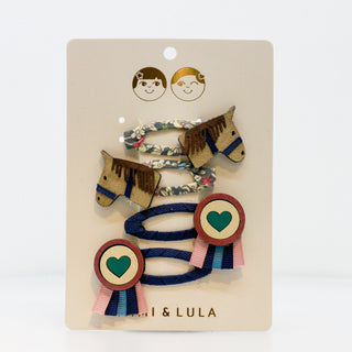 Haarspangen 4er Set – Pferdekopf & Siegerschleife in Rosa & Blau (Mimi & Lula)