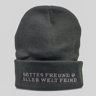 Störtebeker Mütze – „Gottes Freund, aller Welt Feind“ | Stick auf schwarz